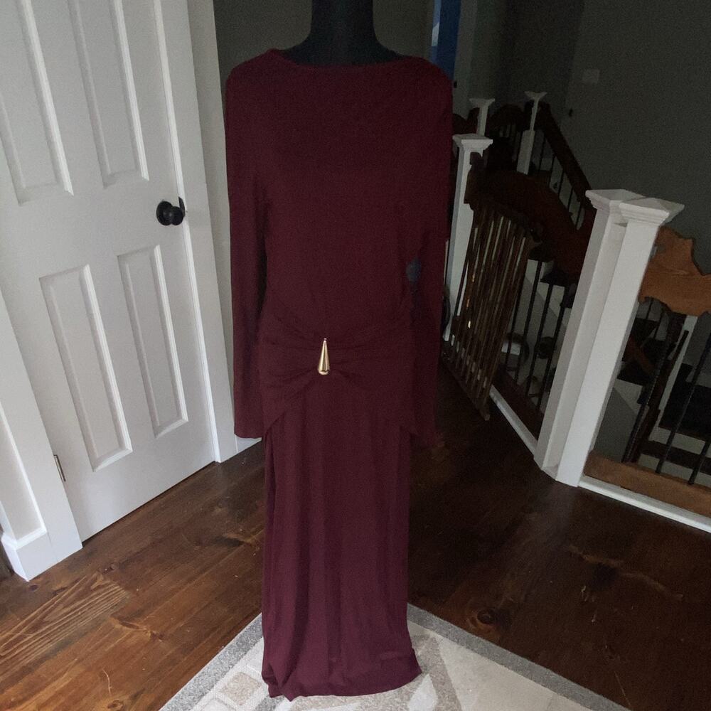Commense Women’s Burgundy Solid Ruched Boat Neck Long Sleeve Maxi Dress XL NWT